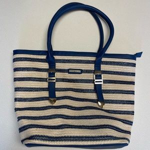 Rampage Navy Blue and Tan Striped Large Straw Tote Bag